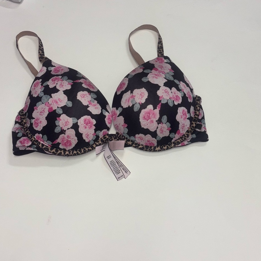 Floral Victoria’s Secret Push-Up Bra - Black with Pink Flowers